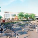 This rendering shows the spacious and welcoming entrance of the arena, designed to accommodate large crowds for various events.