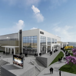 A closer look at the entrance, highlighting the modern architectural design and ample gathering spaces.